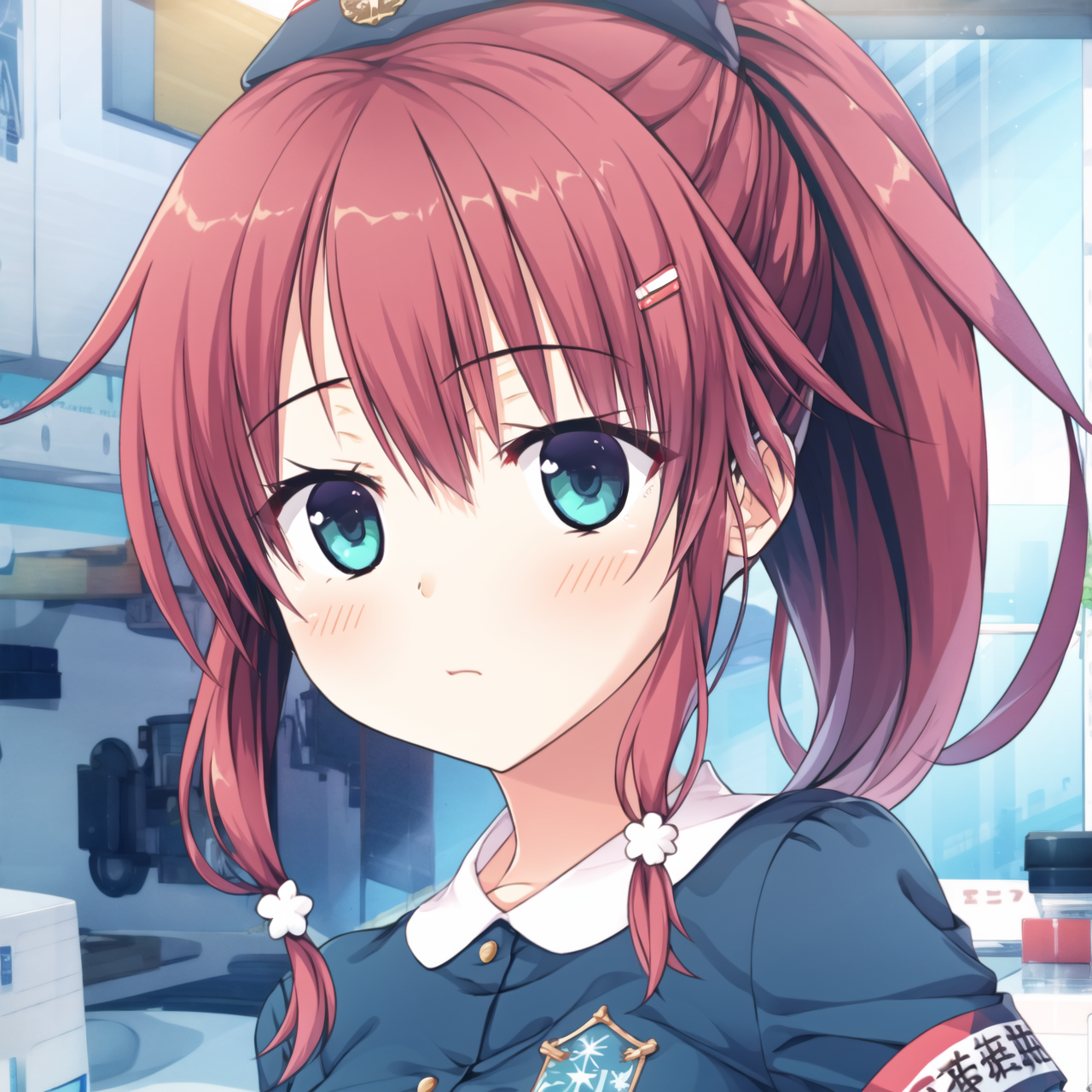 01245-1994112331-1girl, solo, hat, hair ornament, looking at viewer, hairclip, blush, red hair, armband, ponytail, uniform, upper body, long hair.png